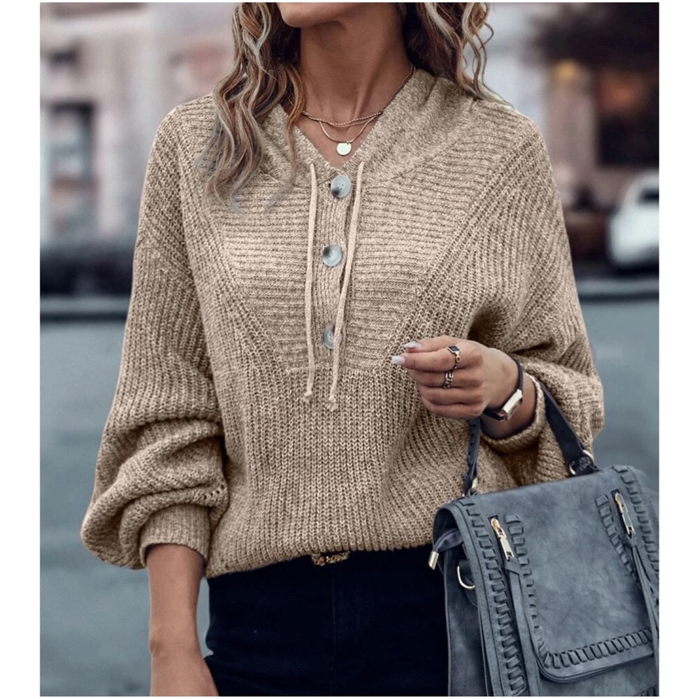 Cozy Button Hoodie Oversized Sweater Top - Picture 1 of 10